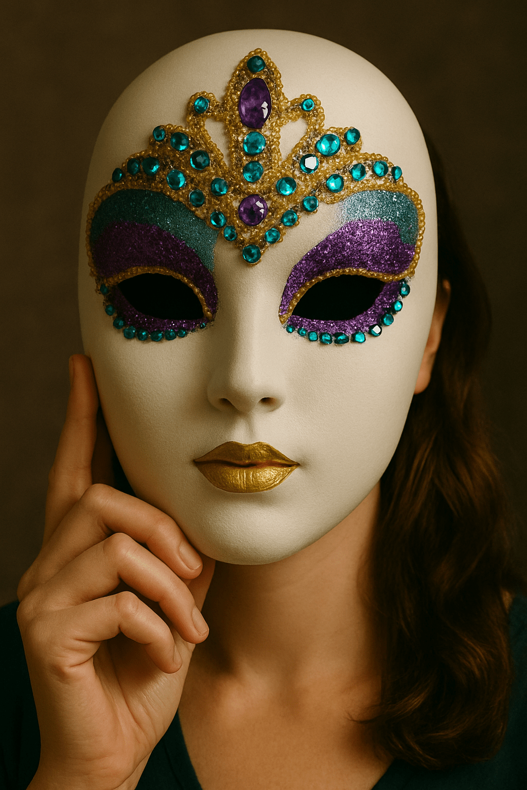 A mask decorated with sequins and vibrant colours and gold lips, held by a woman with long dark hair.
