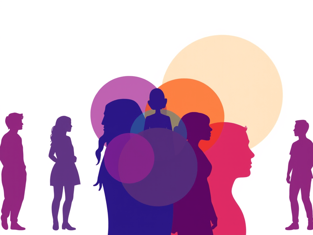 Silhouettes of diverse individuals in various poses, framed by colourful overlapping circles.