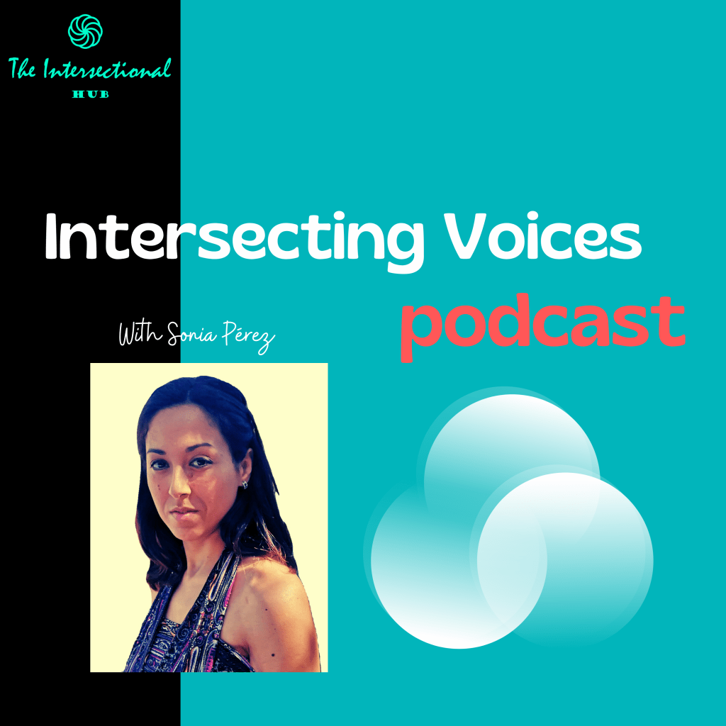 Promotional graphic for the Intersecting Voices podcast featuring host Sonia Pérez. The design includes bold text and a visual element of overlapping circles on a turquoise background.