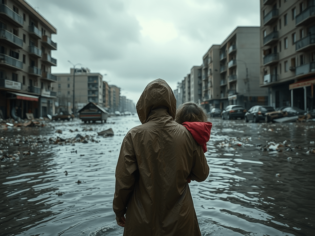 A woman in a raincoat holding a young child stands in a flooded city street, surrounded by damaged buildings and debris on a cloudy day.