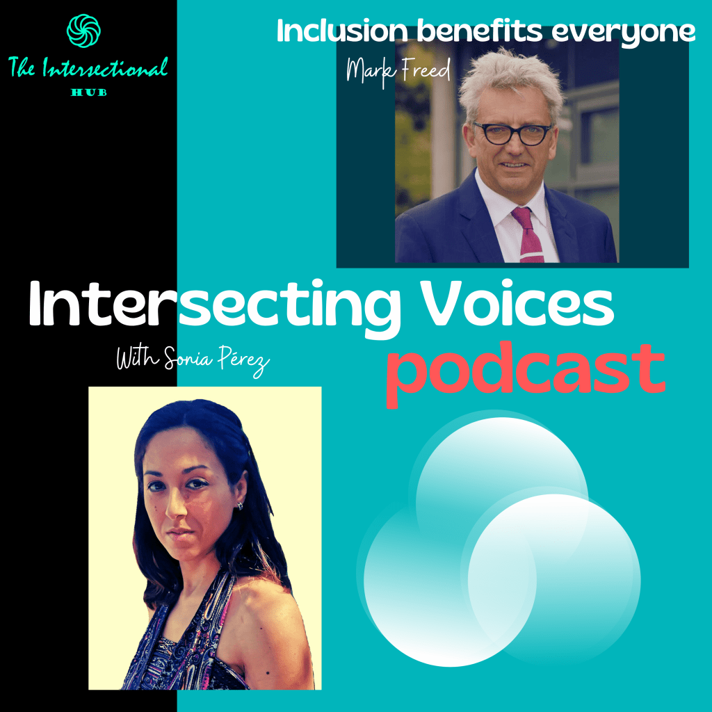 Intersecting Voices podcast cover with a photo of host Sonia Perez and guest speaker Mark Freed.