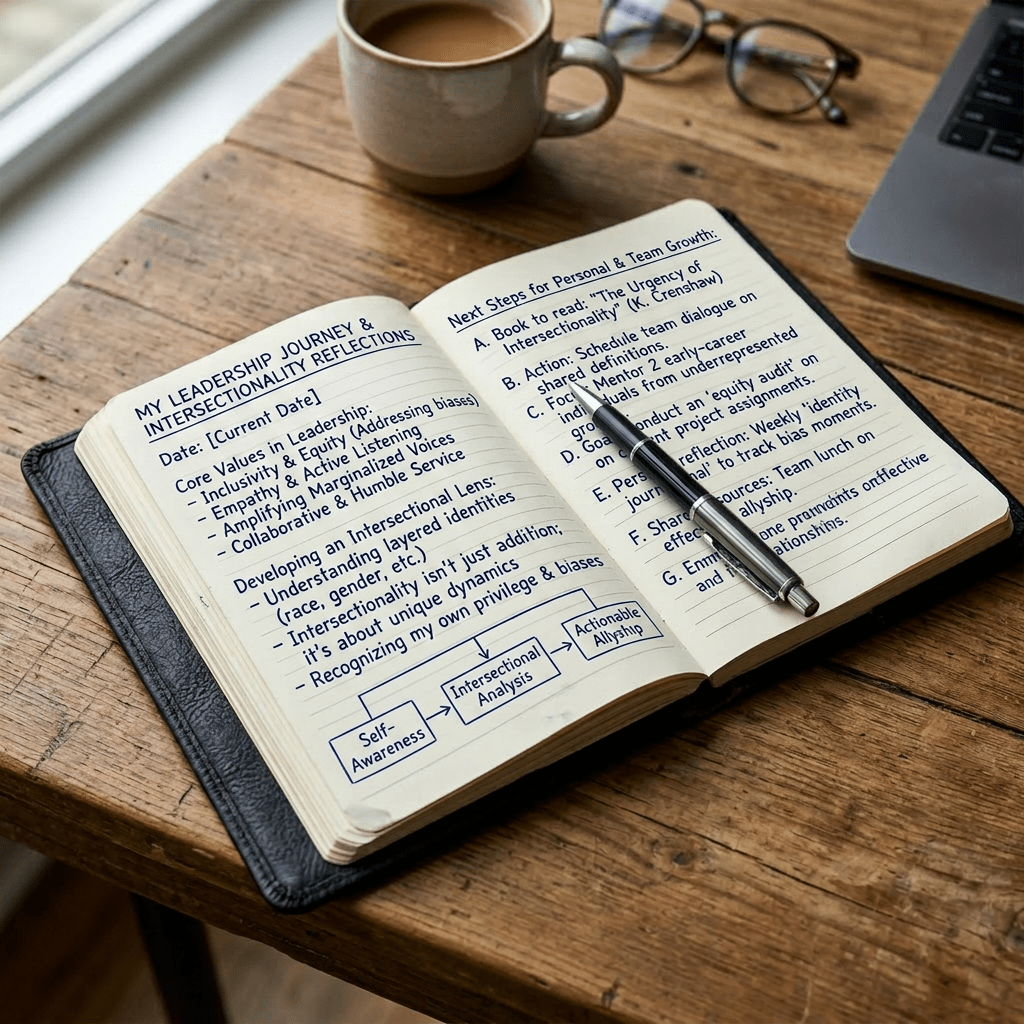 Open notebook with handwritten project ideas, timelines, and sketches beside a pen and coffee cup