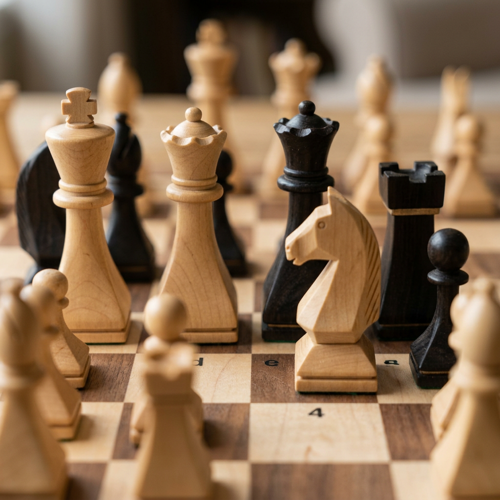 Chessboard with wooden chess pieces in the middle of a game